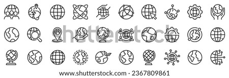 Set of 30 outline icons related to globe. Linear icon collection. Editable stroke. Vector illustration