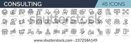 Set of 45 outline icons related to consulting. Linear icon collection. Editable stroke. Vector illustration