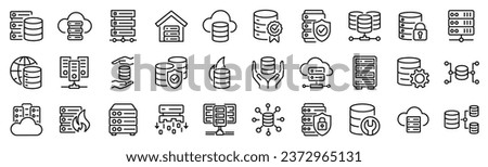 Set of 30 outline icons related servers, data base. Linear icon collection. Editable stroke. Vector illustration