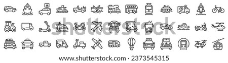 Set of 39 outline icons related to transportation. Linear icon collection. Editable stroke. Vector illustration