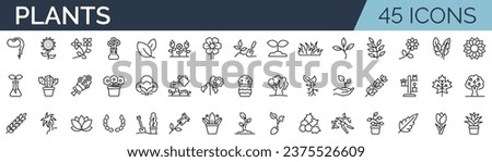 Set of 45 outline icons related to plants, floral,. Linear icon collection. Editable stroke. Vector illustration