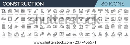 Set of 80 outline icons related to construction, renovation. Linear icon collection. Editable stroke. Vector illustration