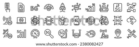 Set of 30 outline icons related to 5G line technology. Linear icon collection. Editable stroke. Vector illustration