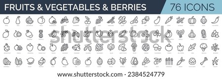 Set of 76 outline icons related to fruits, vegetables and berries. Linear icon collection. Editable stroke. Vector illustration