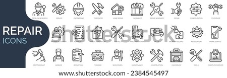 Set of outline icons related to repair, maintenance, construction. Linear icon collection. Editable stroke. Vector illustration