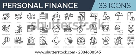 Set of 33 outline icons related to personal finance. Linear icon collection. Editable stroke. Vector illustration