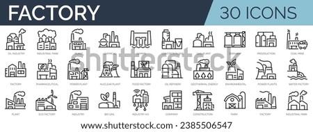 Set of 30 outline icons related to factory, plants, industrial. Linear icon collection. Editable stroke. Vector illustration