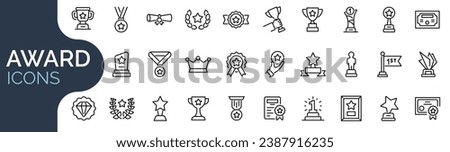 Set of outline icons related to award, badge, trophy, medal. Linear icon collection. Editable stroke. Vector illustration