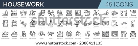 Set of 45 outline icons related to housework, housekeeping. Linear icon collection. Editable stroke. Vector illustration