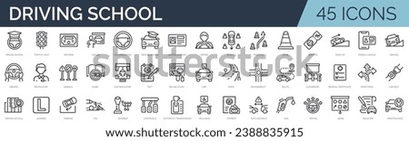 Set of 45 outline icons related to driver school. Linear icon collection. Editable stroke. Vector illustration