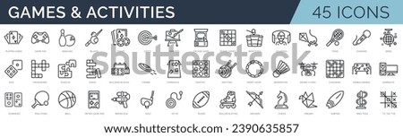 Set of 45 outline icons related to games, sports, activities. Linear icon collection. Editable stroke. Vector illustration