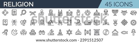 Set of 45 outline icons related to religion. Linear icon collection. Editable stroke. Vector illustration