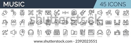 Set of 45 outline icons related to music. Linear icon collection. Editable stroke. Vector illustration