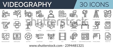 Set of 30 outline icons related to photography. Linear icon collection. Editable stroke. Vector illustration