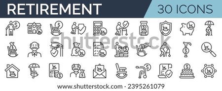 Set of 30 outline icons related to retirement. Linear icon collection. Editable stroke. Vector illustration