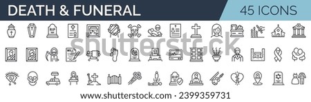 Set of 45 outline icons related to death and funeral. Linear icon collection. Editable stroke. Vector illustration