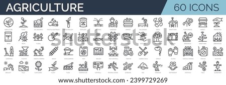 Set of 60 outline icons related to agriculture. Linear icon collection. Editable stroke. Vector illustration