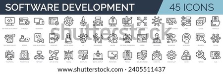 Set of 45 outline icons related to software development. Linear icon collection. Editable stroke. Vector illustration