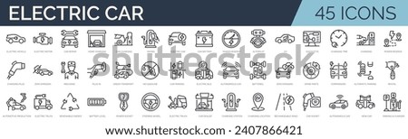 Set of 45 outline icons related to electric car. Linear icon collection. Editable stroke. Vector illustration