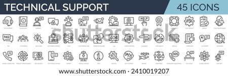 Set of 45 outline icons related to technical support. Linear icon collection. Editable stroke. Vector illustration