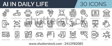 Set of 30 outline icons related to Artificial intelligence in daily life. Linear icon collection. Editable stroke. Vector illustration