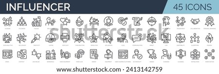 Set of 45 outline icons related to influencer. Linear icon collection. Editable stroke. Vector illustration