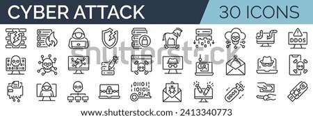 Set of 30 outline icons related to cyber attack. Linear icon collection. Editable stroke. Vector illustration