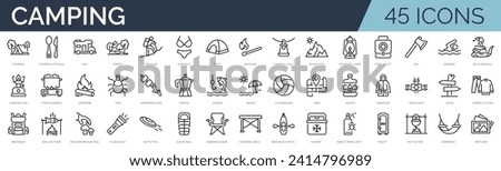 Set of 45 outline icons related to camping. Linear icon collection. Editable stroke. Vector illustration