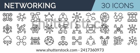 Set of 30 outline icons related to networking. Linear icon collection. Editable stroke. Vector illustration