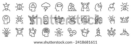 Set of 30 outline icons related to stress. Linear icon collection. Editable stroke. Vector illustration