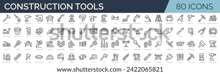 Set of 80 outline icons related to construction tools. Linear icon collection. Editable stroke. Vector illustration