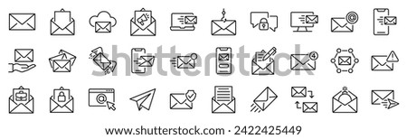 Set of 30 outline icons related to email. Linear icon collection. Editable stroke. Vector illustration