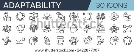 Set of 30 outline icons related to adaptability. Linear icon collection. Editable stroke. Vector illustration