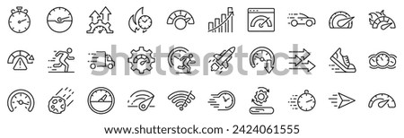 Set of 30 outline icons related to speed. Linear icon collection. Editable stroke. Vector illustration