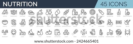 Set of 45 outline icons related to nutrition. Linear icon collection. Editable stroke. Vector illustration