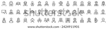 Set of 45 outline icons related to avatars, person. Linear icon collection. Editable stroke. Vector illustration
