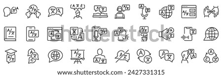 Set of 30 outline icons related to languages. Linear icon collection. Editable stroke. Vector illustration