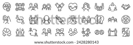 Set of 30 outline icons related to relationship, friendship. Linear icon collection. Editable stroke. Vector illustration