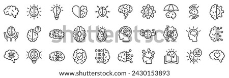 Set of 30 outline icons related to brain.Linear icon collection. Editable stroke. Vector illustration