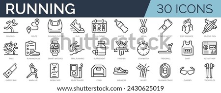 Set of 30 outline icons related to running.Linear icon collection. Editable stroke. Vector illustration