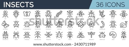 Set of 36 outline icons related to insects. Linear icon collection. Editable stroke. Vector illustration