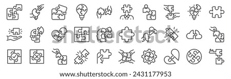 Set of 30 outline icons related to puzzle.Linear icon collection. Editable stroke. Vector illustration