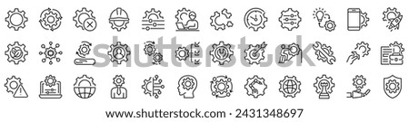 Set of 36 outline icons related to gears.Linear icon collection. Editable stroke. Vector illustration