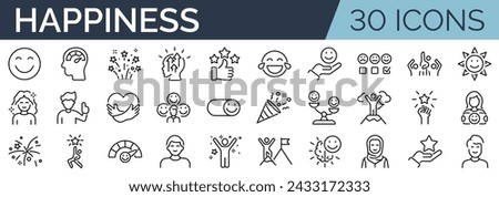 Set of 30 outline icons related to happiness.Linear icon collection. Editable stroke. Vector illustration