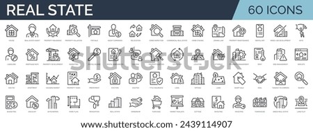 Set of 60 outline icons related to real estate. Linear icon collection. Editable stroke. Vector illustration