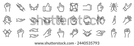 Set of 30 outline icons related to hands. Linear icon collection. Editable stroke. Vector illustration