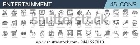 Set of 45 outline icons related to entertainment. Linear icon collection. Editable stroke. Vector illustration