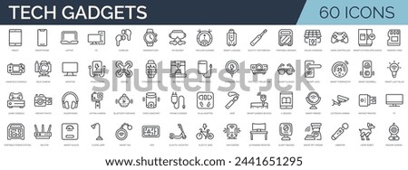 Set of 60 outline icons related to tech gadgets. Linear icon collection. Editable stroke. Vector illustration