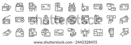 Set of 30 outline icons related to credit card. Linear icon collection. Editable stroke. Vector illustration