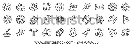 Set of 30 outline icons related to microorganisms. Linear icon collection. Editable stroke. Vector illustration